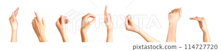 Set of woman hands showing different gestures, pointing and showing signs isolated on white background Set of woman hands showing different gestures, pointing and showing signs isolated on white background 114727720