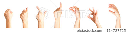 Set of woman hands showing different gestures, pointing and showing signs isolated on white background 114727725
