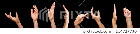 Set of woman hands showing different gestures, pointing and showing signs isolated on black background 114727730
