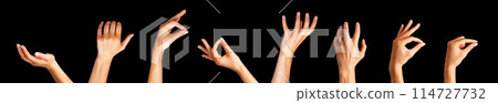 Set of woman hands showing different gestures, pointing and showing signs isolated on black background 114727732