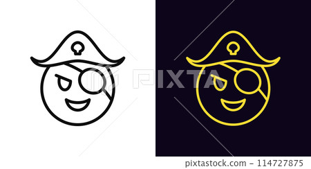 Outline pirate emoji icon, with editable stroke. Corsair emoticon with hat and patch on eye. Cute pirate face with laugh, funny corsair emoji and captain with smile, adventure and piracy. Vector icon 114727875