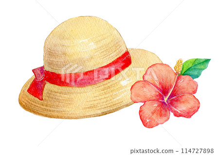 Cute straw hat and hibiscus watercolor illustration Cute straw hat and hibiscus watercolor illustration 114727898