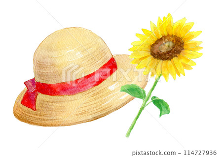 Cute straw hat and sunflower watercolor illustration 114727936