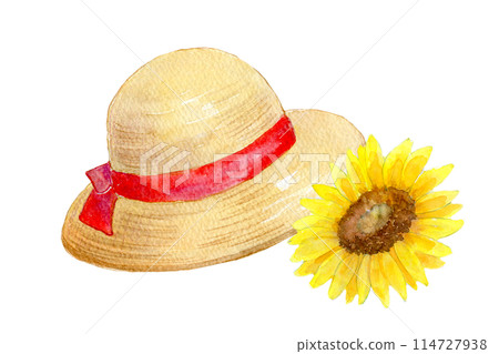 Cute straw hat and sunflower watercolor illustration 114727938