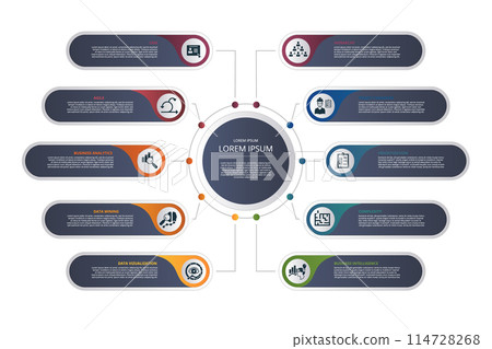 Infographic Business Intelligence template. Icons in different colors. Include Crm, Agile, Business Analytics, Data Mining and others. Infographic Business Intelligence template. Icons in different colors. Include Crm, Agile, Business Analytics, Data Mining and others. 114728268