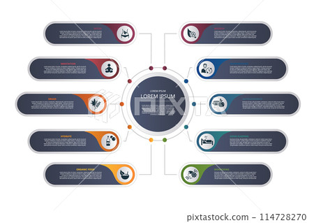 Infographic Biohacking template. Icons in different colors. Include Detox, Meditation, Drugs, Hydrate and others. 114728270