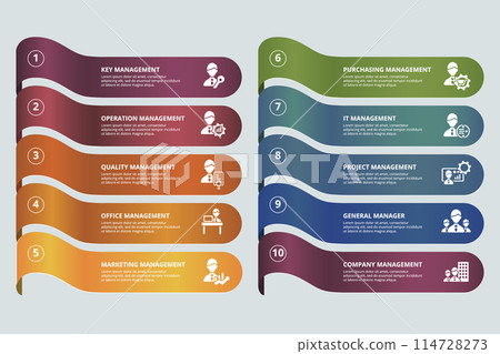 Infographic Company Management template. Icons in different colors. Include Key , Operation Management, Quality , Office Management and others. 114728273