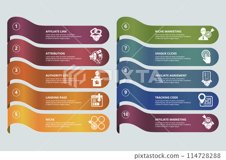 Infographic Affiliate Marketing template. Icons in different colors. Include Affiliate Link, Attribution, Authority Site, Landing Page and others. Infographic Affiliate Marketing template. Icons in different colors. Include Affiliate Link, Attribution, Authority Site, Landing Page and others. 114728288