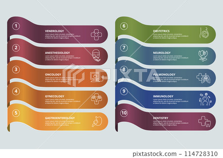 Infographic Medical template. Icons in different colors. Include Venerology, Anesthesiology, Oncology, Gynecology and others. Infographic Medical template. Icons in different colors. Include Venerology, Anesthesiology, Oncology, Gynecology and others. 114728310