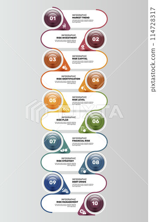 Infographic Risk Management template. Icons in different colors. Include Market Trend, Investment, Capital, Risk Identification and others. Infographic Risk Management template. Icons in different colors. Include Market Trend, Investment, Capital, Risk Identification and others. 114728317