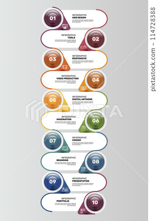 Infographic Web Design template. Icons in different colors. Include Web Design, Tools, Responsive, Video Production and others. 114728388