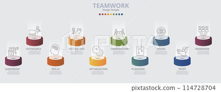 Infographic Teamwork template. Icons in different colors. Include Teamwork, Trust, Vision, Planning and others. Infographic Teamwork template. Icons in different colors. Include Teamwork, Trust, Vision, Planning and others. 114728704
