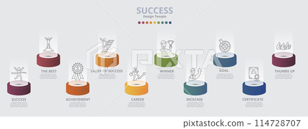 Infographic Success template. Icons in different colors. Include Success, The Best, Achievement, Lader Of Success and others. 114728707