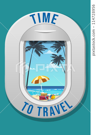 Time to travel airplane window porthole view 114728956