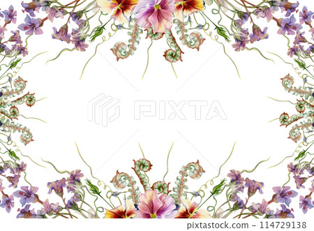 Hand drawn watercolor illustration botanical flowers leaves. Mauve pansy viola, willow eucalyptus, bergenia heliotrope lungwort, forest fern shoot. Frame isolated on white. Design wedding, cards Hand drawn watercolor illustration botanical flowers leaves. Mauve pansy viola, willow eucalyptus, bergenia heliotrope lungwort, forest fern shoot. Frame isolated on white. Design wedding, cards 114729138
