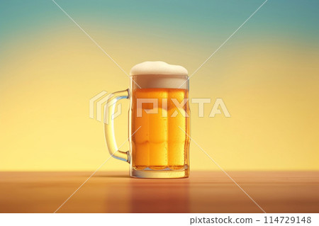 Foamy beer in large glass mug stands in local bar on Oktoberfest, Ai generated 114729148
