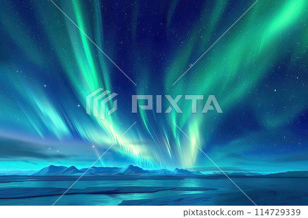 Generative ai on theme of beautiful northern lights, bright aurora borealis winter in atmosphere 114729339