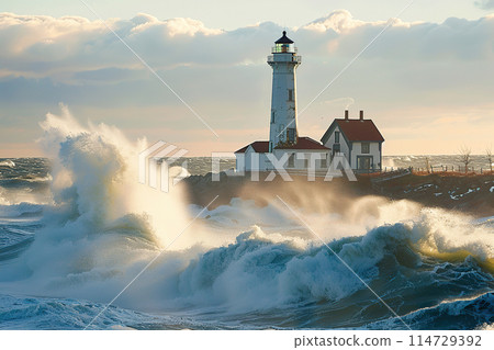 Generative ai on theme of large retro lighthouse with beam of bright light shining out to blue sea 114729392