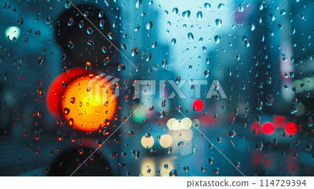 Raindrops. Evening street lights. 114729394