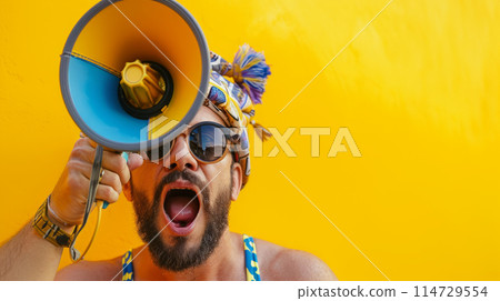 A bright man makes announcements through a megaphone. A bright man makes announcements through a megaphone. 114729554