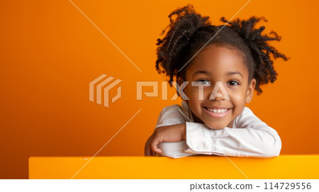 Portrait of a smiling girl on an orange background. 114729556