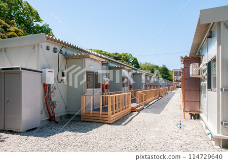 Rows of temporary housing Rows of temporary housing 114729640