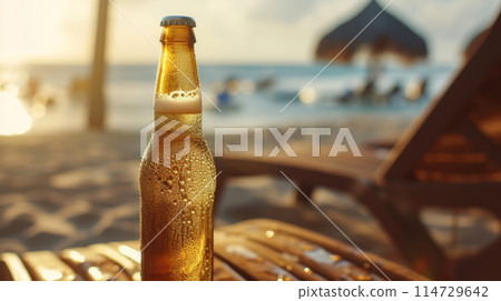 Light beer on a table on the beach. 114729642