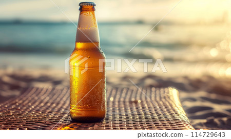 A bottle of cold beer against the background of the ocean. 114729643
