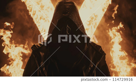 A figure in a dark cloak hides his face with a hood 114729916