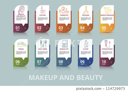 Infographic Makeup And Beauty template. Icons in different colors. Include Makeup And Beauty, Lipstick, Cosmetics, Scissors and others. 114729973