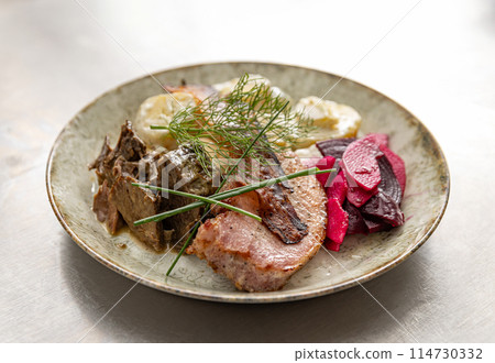Gourmet roast pork dinner Gourmet roast pork dinner 114730332