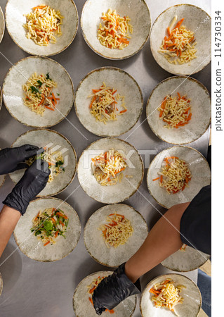 Close-up of a chef's hands arranging food 114730334