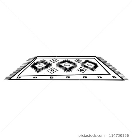 Floor carpet with an ornament, rhombuses, triangles drawn in vector with a black outline on a white background. Interior item, illustration. For printing, designing interior sketches, scrapbooking. Floor carpet with an ornament, rhombuses, triangles drawn in vector with a black outline on a white background. Interior item, illustration. For printing, designing interior sketches, scrapbooking. 114730336