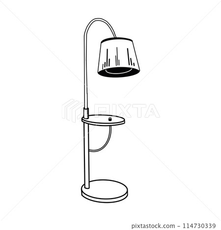 Vintage floor lamp. A floor lamp with a large shade and a leg, drawn in vector in black on a white background. For designing interior sketches and visualizations. For printing and scrapbooking. Vintage floor lamp. A floor lamp with a large shade and a leg, drawn in vector in black on a white background. For designing interior sketches and visualizations. For printing and scrapbooking. 114730339