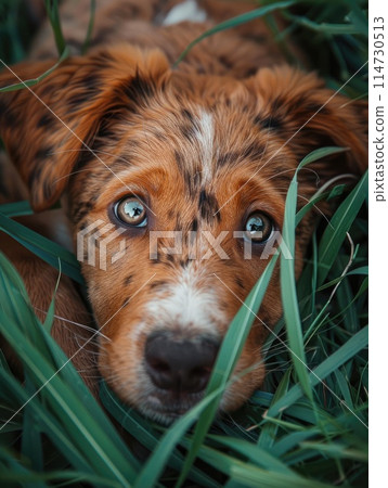 Captivating gaze of a brown and white dog lying in the lush green grass 114730513