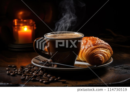 Steaming black coffee in a ceramic mug and a flaky croissant on a dark wooden surface with coffee beans and warm candlelight 114730519