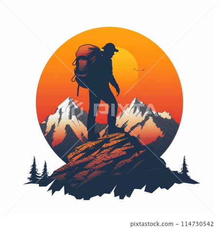 A hiking logo. Silhouette of a hiker in the mountains on a sunset background 114730542