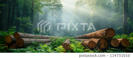 View on the stack of the trees trunks in deforested forest in the morning. Deforestation concept. 114731010
