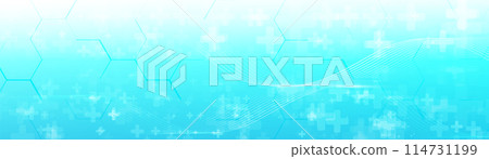 Abstract blue and white hexagon white cross sign background. Futuristic digital hi-technology banner. Healthcare background. Vector illustration 114731199
