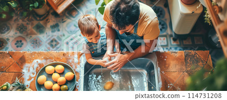 Father and son washing dishes together on domestic kitchen. Family and parenting concept. 114731208