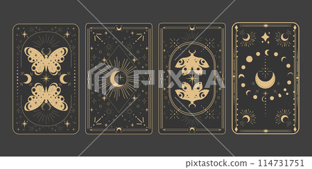 Tarot reverce border magic sacred cover card frame gold line border celelstial mystery esoteric decoration with moth stars and moon on dark background. 114731751
