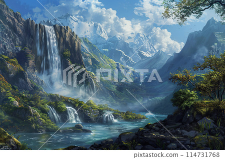 Generative ai on theme of beautiful majestic waterfall in natural nature, national park attraction 114731768
