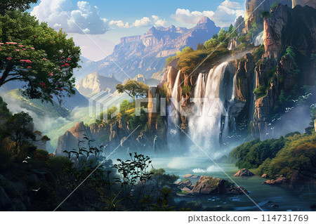 Generative ai on theme of beautiful majestic waterfall in natural nature, national park attraction 114731769