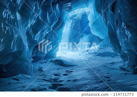 Generative ai on theme of entrance to blue ice cave covered with white snow inside a huge glacier 114731773