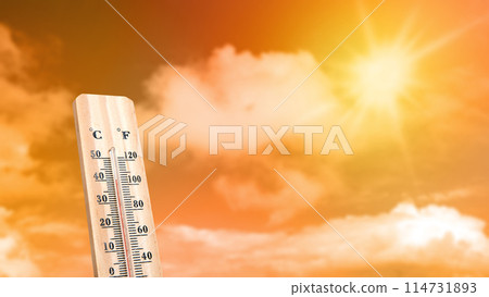 Thermometer with hot temperature with sky background 114731893