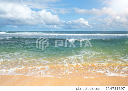 High temperature weather on summer seasons. Image of a beach with sunbeam. High temperature weather on summer seasons. Image of a beach with sunbeam. 114731897