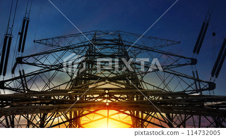 Close up bottom view electricity overhead power lines on sunset sky in Jakarta Indonesia. 114732005