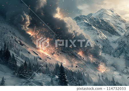 Generative ai on theme of erupting volcano with cascading hot lava surrounded thick white smoke 114732033