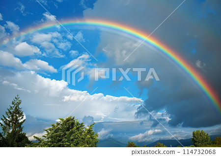 Generative ai on theme of beautiful tranquil landscape with magical bright rainbow at cloudy sky 114732068