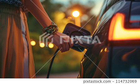 Woman connecting charger to car 114732069